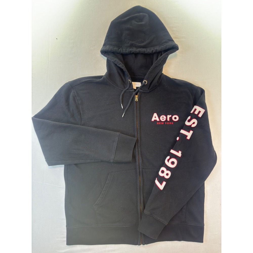 Aeropostale Mens Black Full Zip Hoodie Aero NY EST 1987 Logo Sweatshirt Large